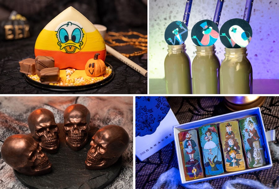 Donald Candy Corn-Chocolate Piñata, Hitchhiking Ghosts Chocolate Chiller, Caramel Ganache Chocolate Skulls and Haunted Mansion Portrait Bars