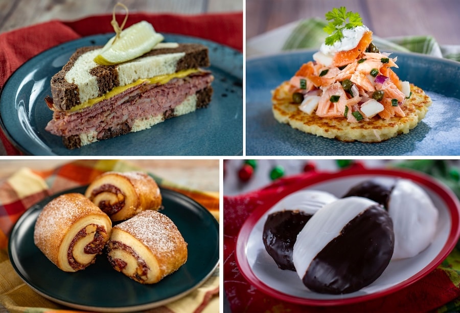 Pastrami on Rye, Smoked Salmon Potato Latke, Rugalach and Black and White Cookies from L’Chaim! Holiday Kitchen at EPCOT Festival of the Holidays 2023