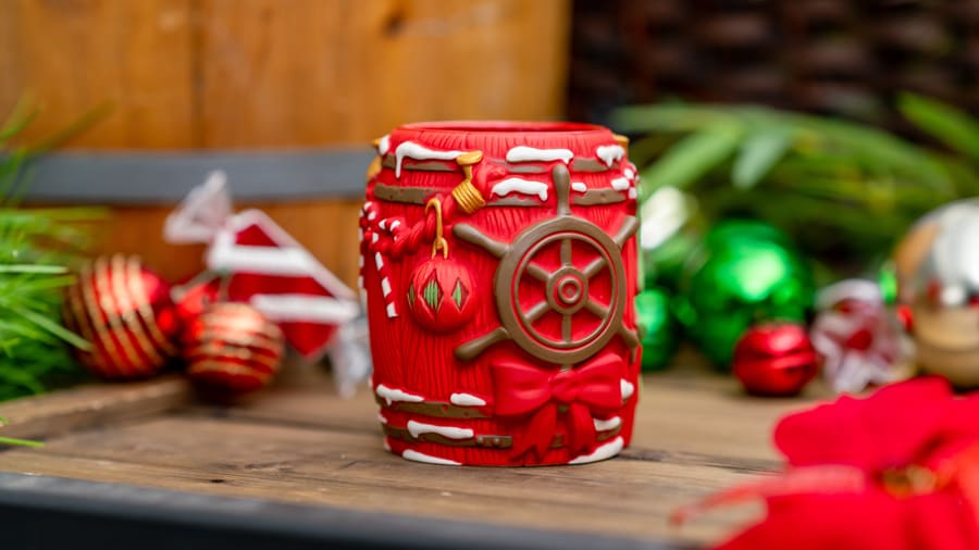 Image of back 2023 Holiday Rum Barrel tiki mug at Disneyland Trader Sam's Enchanted Tiki Bar coming November 29, 2023