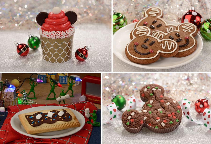 Collage of Santa Mickey Cupcake, Mickey Gingerbread Cookie, Hot Chocolate Lunch Box Tart, Holiday Mickey Brownie