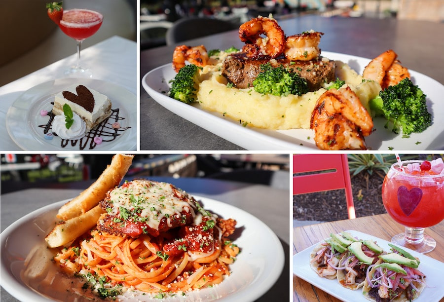 Collage of food at Downtown Disney District for Valentine's Day 2024