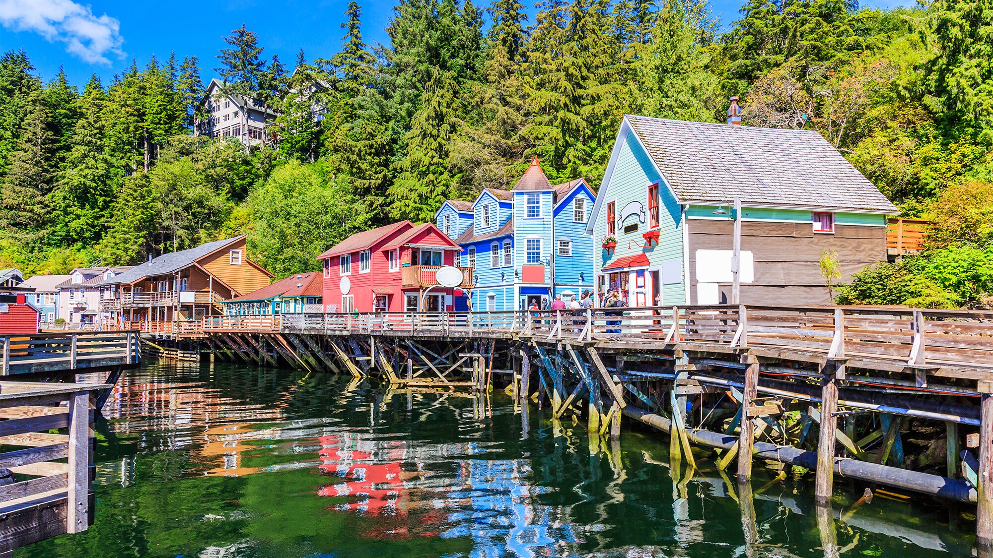 Colorful houses line historic Creek Street in Ketchikan, Alaska