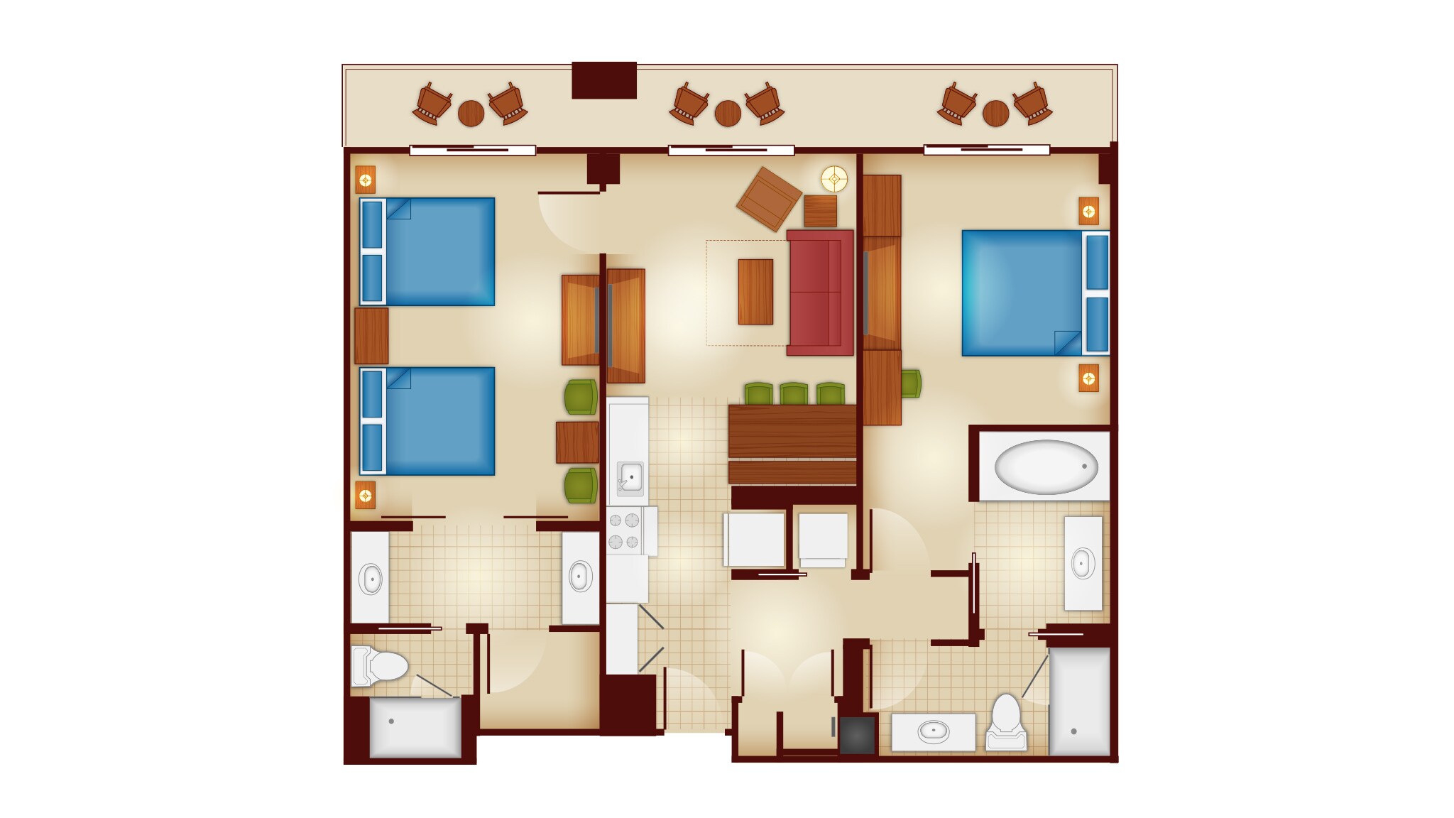 The floor plan for a 2-Bedroom Villa at Copper Creek Villas & Cabins