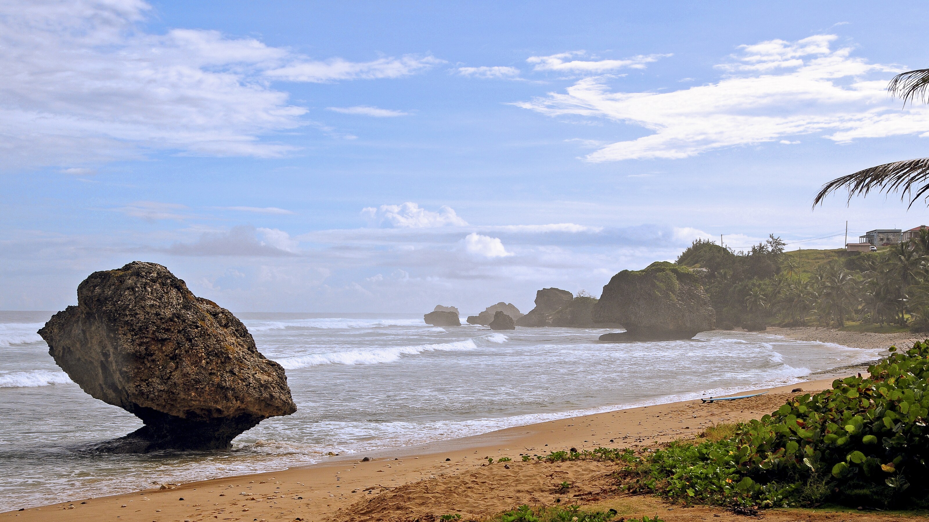 Large stones with pointed bases eroded by surf sit along a beach in a tropical cove