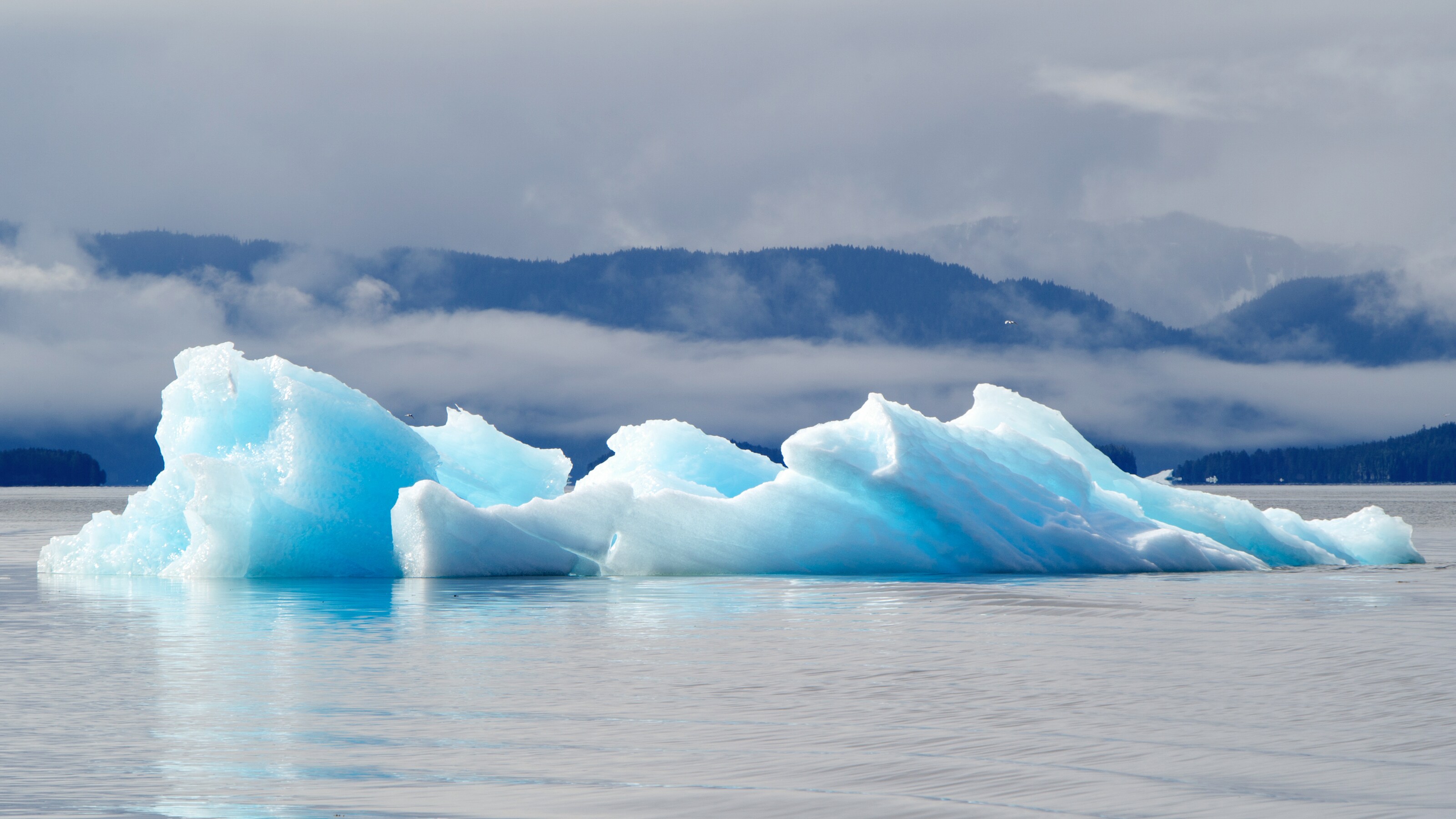 A jagged chunk of glacier ice floating in a bay with mountains shrouded by clouds in the background