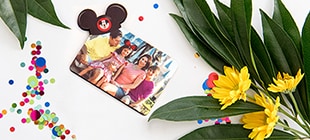A Mouseketeer themed Mouse Pad with rounded corners featuring a full color family portrait in front of Cinderella Castle.
