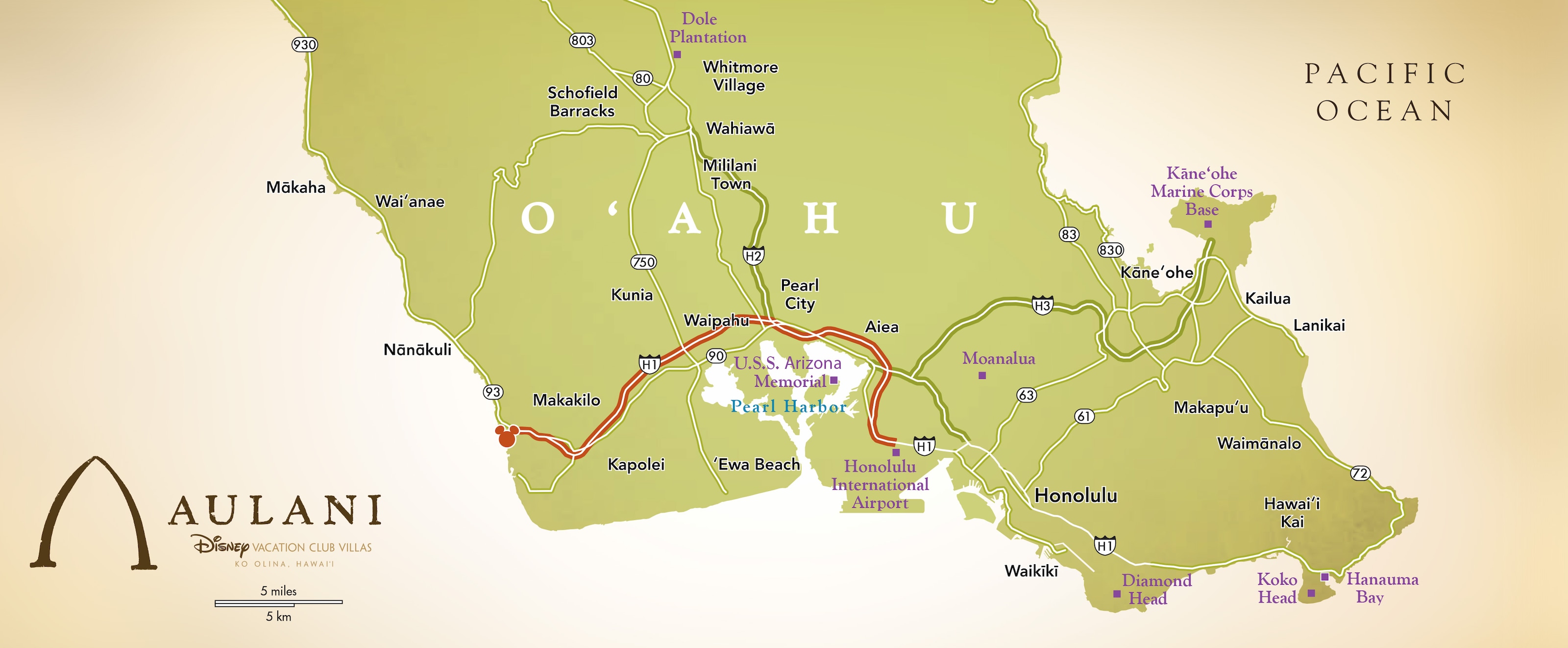 A map showing the route from Honolulu to Aulani Resort & Spa on the Southwestern shore of O'ahu