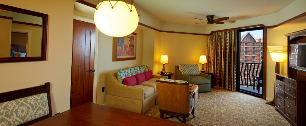 The living area and dining area of the 2-Bedroom Villa at Aulani 