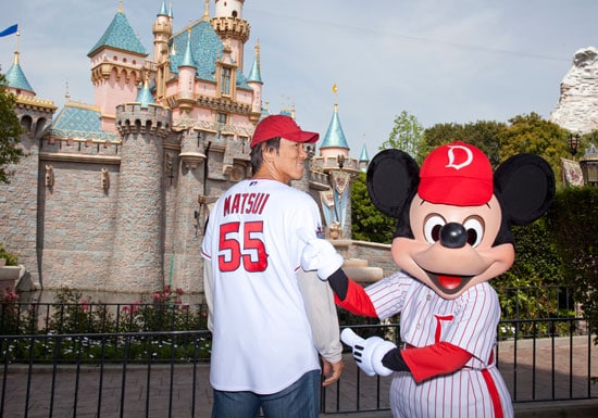 Hideki Matsui of the Los Angeles Angels of Anaheim with Mickey at Disneyland Park