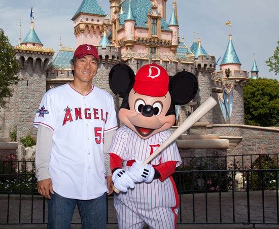 Hideki Matsui of the Los Angeles Angels of Anaheim with Mickey at Disneyland Park