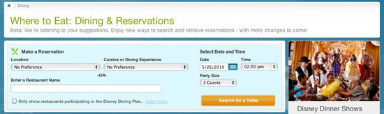 Walt Disney World Online Dining Reservation System