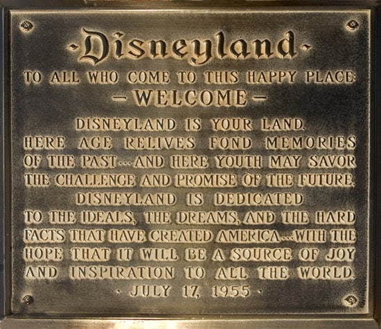 Opening day dedication speech by Walt Disney on Town Square plaque