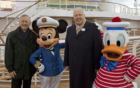 Captain Mickey and Donald Duck with Managing Partner of Meyer Werft, Bernard Meyer, and President of Disney Cruise Line, Karl Holz