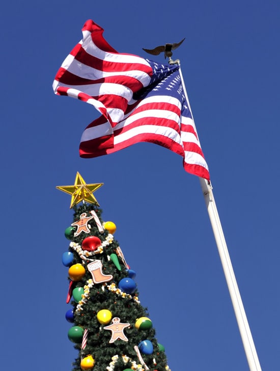 American Flag and Christmas Tree in Town Square at Walt Disney World