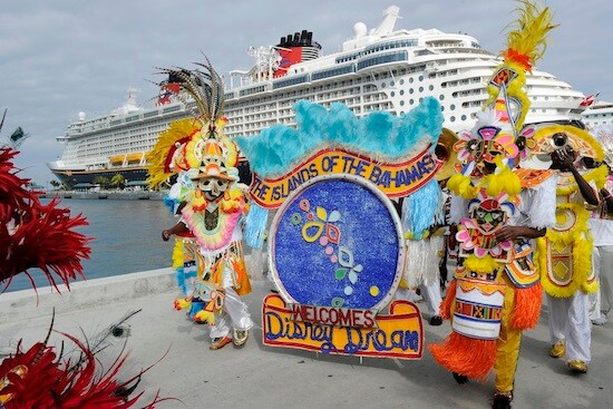 A Bahamian marching band greets the Disney Dream upon the ship’s arrival in Nassau