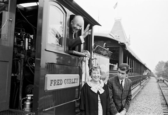 Granddaughter, Mary Jean and Grandson, David with Ike and Mamie at the Main Street Station of the Disneyland Railroad