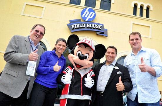 Gary Elliott, VP of Brand Marketing for HP, U.S. Women's Soccer Legend Mia Hamm, Mickey Mouse, Ken Potrock, Senior VP of Disney Sports Enterprises, and Jason Witten, NFL All-Pro tight end for the Dallas Cowboys
