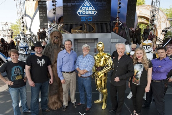 Bob Iger, George Lucas, and several 'Star Wars' characters and cast members celebrate the attraction's opening.