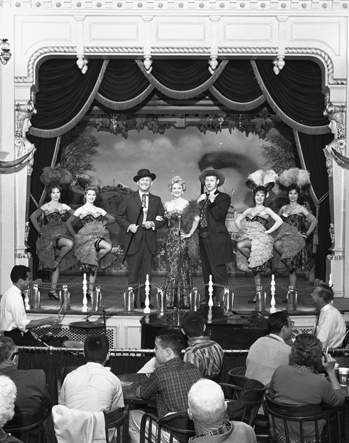 Wally Boag and the cast of the Golden Horseshoe Review, including Donald Novis, left, and Betty Taylor, center
