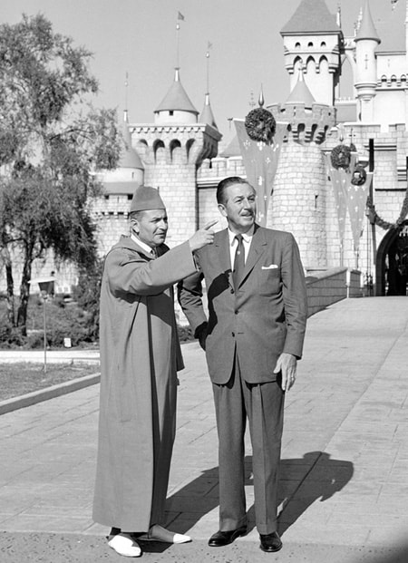 Mohammed V, King of Morocco, in 1957, with Walt Disney at Sleeping Beauty Castle at Disneyland Park