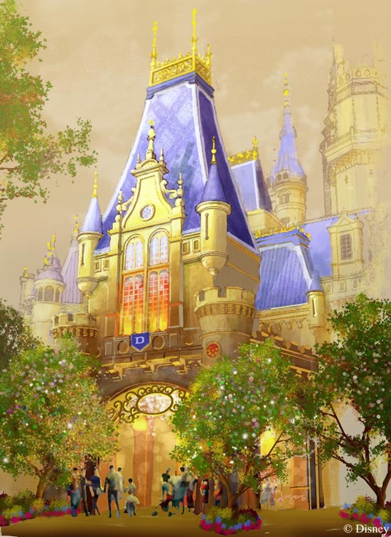 An ornate archway provides a grand entry into Enchanted Storybook Castle, the inspirational icon of Shanghai Disneyland.  Its soaring spires make this the largest Disney castle ever built.
