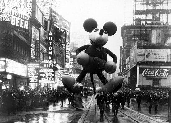 Mickey Mouse Makes His Debut at the Macy's Thanksgiving Day Parade in New York City, 1934 (Courtesy of Getty Images)