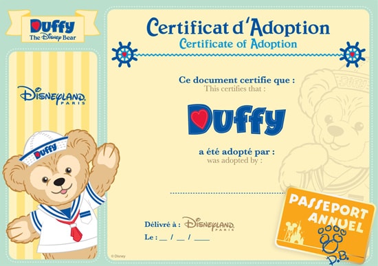 Duffy the Disney Bear Adoption Certificate Completed by Cast Members at Disneyland Resort Paris