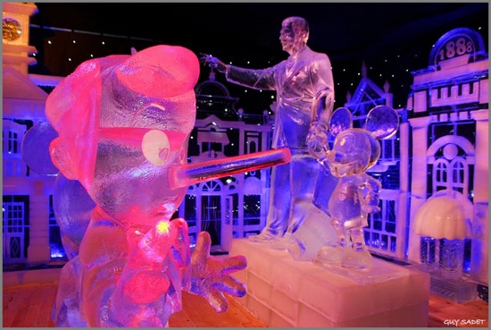 Pinocchio and Walt Disney & Mickey Mouse Partners Statue Ice Sculptures, Featured in the Interpretation of Disneyland Paris Enchanted Christmas for the 10th International Snow & Ice Sculpture Festival in Bruges, Belgium