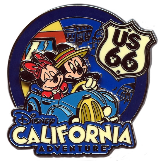 New Disney California Adventure Park Logo Pin, Featuring Minnie and Mickey Mouse as They Trek Across Route 66