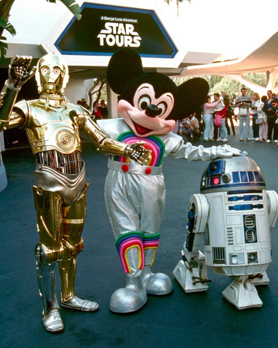 C-3PO, Mickey Mouse and R2-D2 at Star Tours at Disneyland Park in 1987