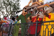 Goofy and Friends in their Pajamas in Front of the Main Street Train Station at Disneyland Park