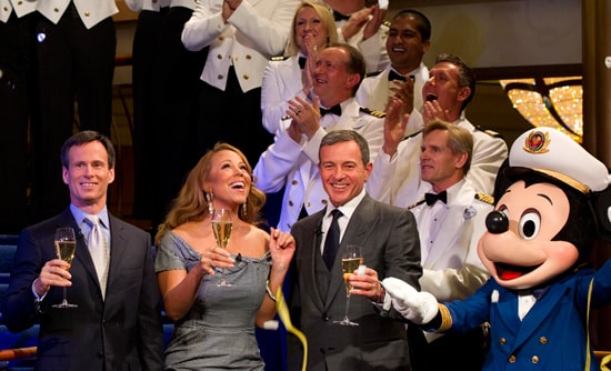 Tom Staggs, Mariah Carey, Bob Iger and Mickey Mouse at the Christening Ceremony of the Disney Fantasy