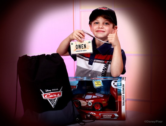 Owen with the 'Cars 2' Super Fan Kit from Disney Floral & Gifts