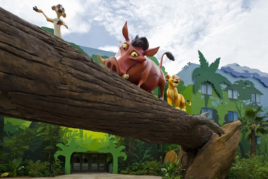 Pumbaa and Timon Dance with Young Simba in the Lion King Courtyard at Disney's Art of Animation Resort