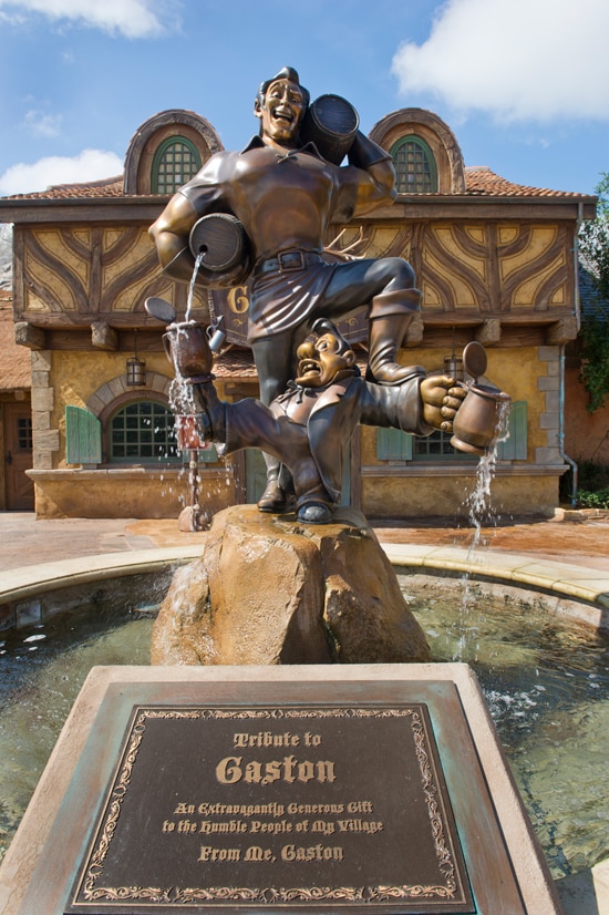 A Statue of Gaston and LeFou in Front of Gaston's Tavern in New Fantasyland at Magic Kingdom Park