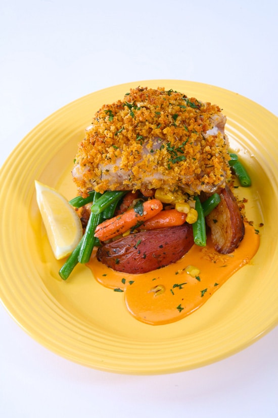 Panko-Crusted Red Snapper With Veggies, Red Bliss Potato Wedges and a Sweet Pepper Sauce at French Market Restaurant in Disneyland Park