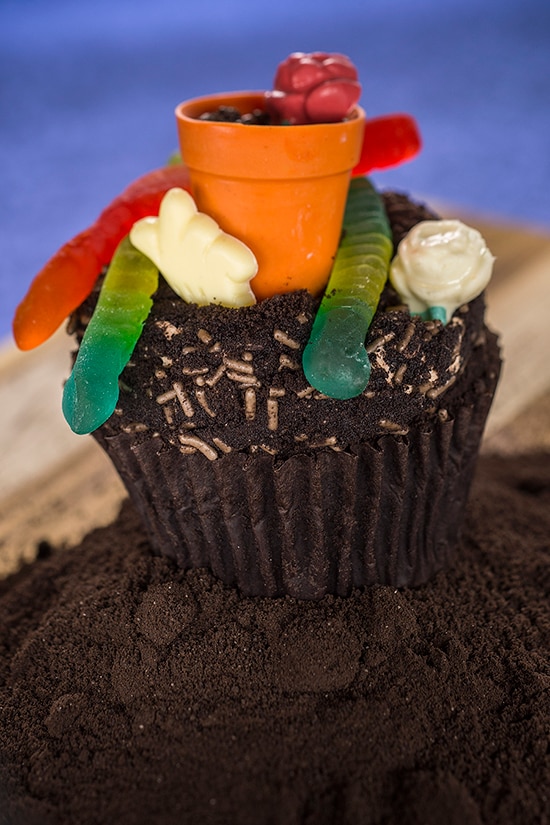 Chocolate Worms & Dirt Cupcake Topped with a Teensy Flower Pot and Gummy Worms
