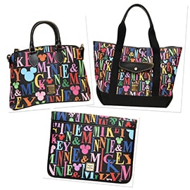 The New Dooney & Bourke Mickey Rainbow Letter Collection Includes a Large Pocket Tote ($295), Satchel ($195), Pocket Satchel ($260), and Tablet Sleeve ($90)