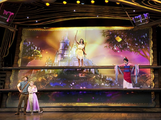 Pocahontas, Mulan, Rapunzel and Flynn Rider in ‘Mickey and the Magical Map’ at Disneyland Park