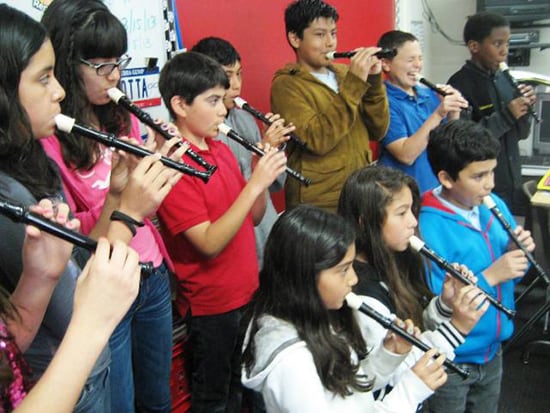 Students Learning to Read and Play Music on Recorders