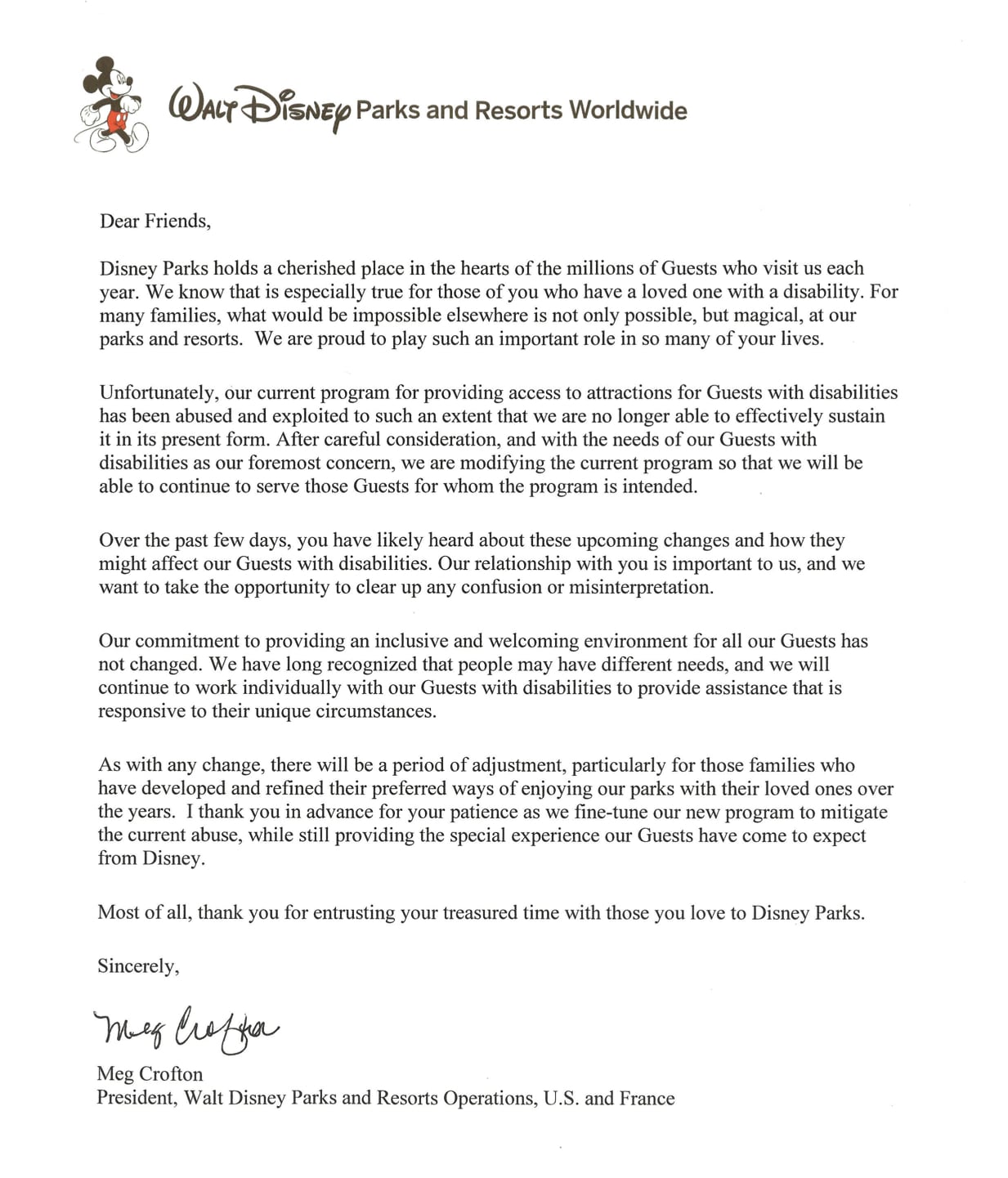 Letter from Meg Crofton, President, Walt Disney Parks and Resorts Operations