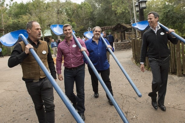 Using Na'vi-inspired shovels (left to right) Joe Rohde, creative executive, Walt Disney Imagineering; Bruce Vaughn, chief creative executive of Walt Disney Imagineering; Jon Landau, AVATAR producer and Tom Staggs, chairman, Walt Disney Parks and Resorts celebrated the ceremonial groundbreaking for the largest expansion in Disney’s Animal Kingdom history.