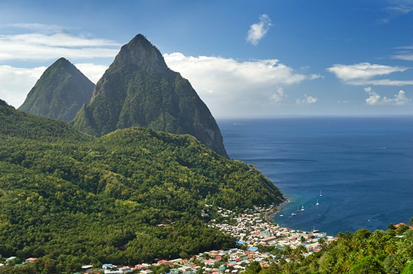 The Pitons (Petite Piton, right, and Gros Piton) Soufriere, St. Lucia