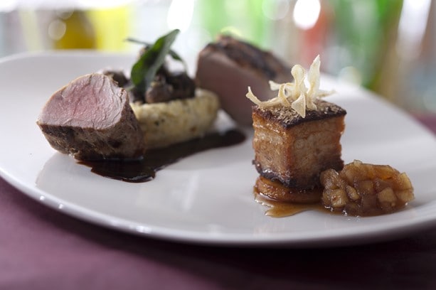 Pork two ways (wood fire tenderloin w goat chesse polenta_ braised lacquered belly and country applesauce