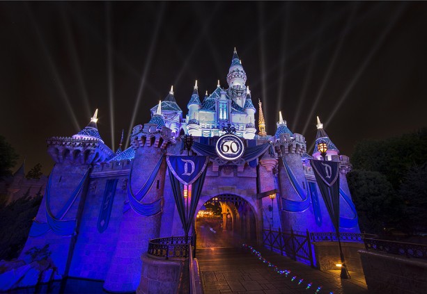 A DAZZLING NIGHT (ANAHEIM, Calif.) - A special medallion and diamond accents honoring the Disneyland Resort Diamond Celebration illuminate the iconic Sleeping Beauty Castle at Disneyland park. (Paul Hiffmeyer/Disneyland Resort)