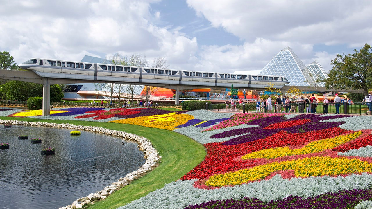 Flowers in front of the monorail at Walt Disney World
