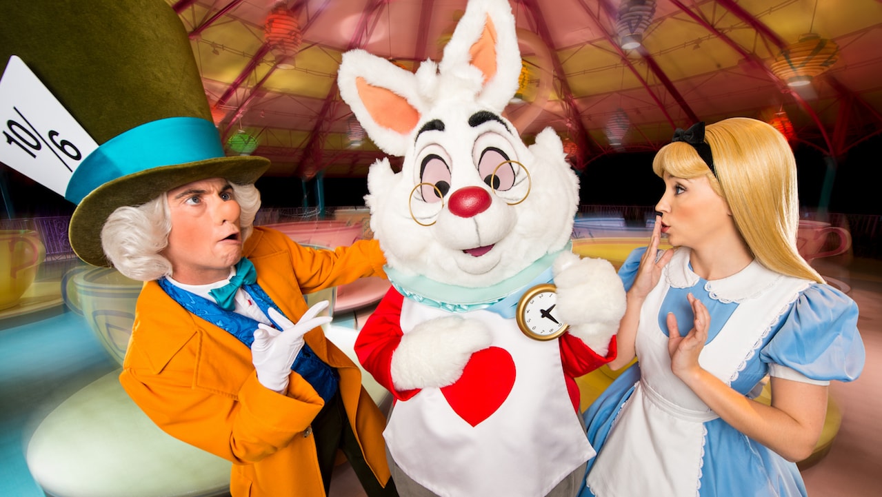Alice, Mad Hatter and the White Rabbit at Mad Tea Party at Magic Kingdom Park