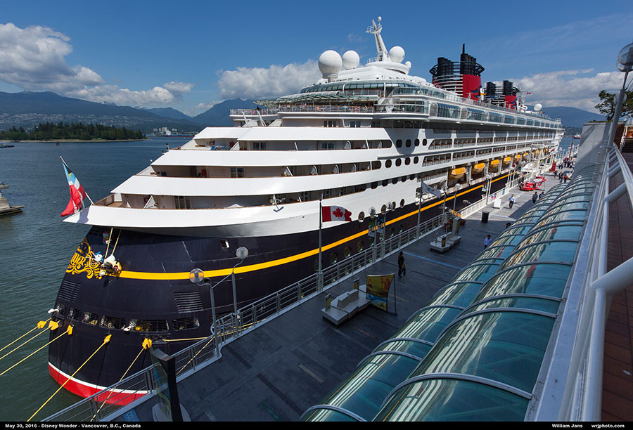 The Disney Wonder docked and connected to shore power in the Port of Vancouver.