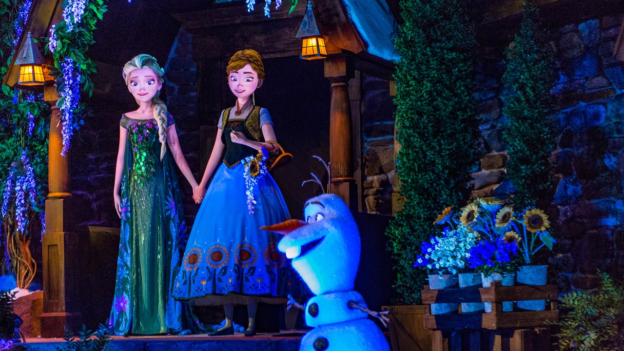 Elsa, Anna and Olaf at Frozen Ever After at Epcot