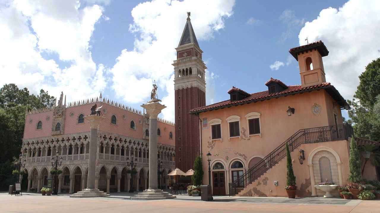 Replica of St. Mark’s Campanile and Recreation of Doge’s Palace at the Italy Pavilion at Epcot